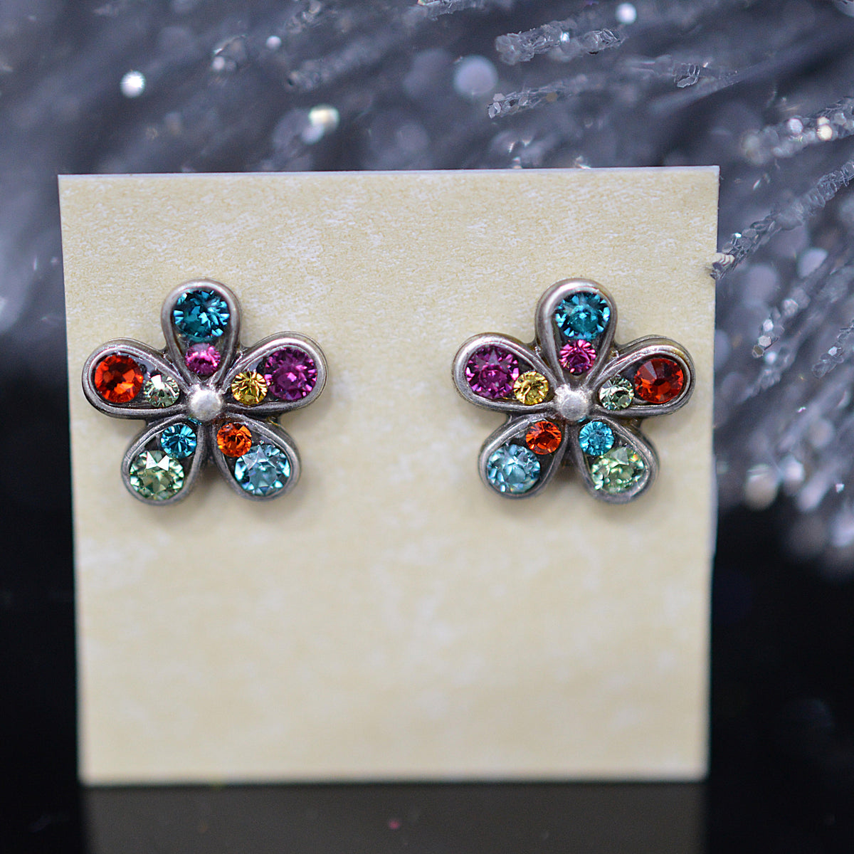 Antique Silver Plated Petite Fleur Stud Earrings With Multi-Color Crystals by Firefly