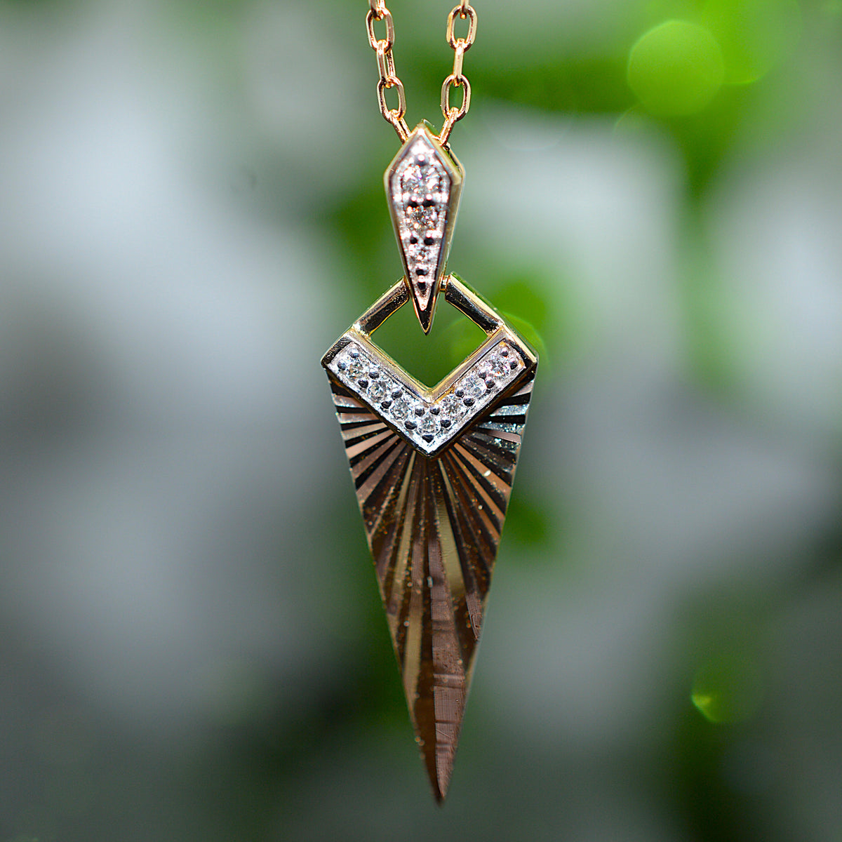 14K Yellow Gold Art Deco Inspired Chevron Sunburst Diamond Necklace