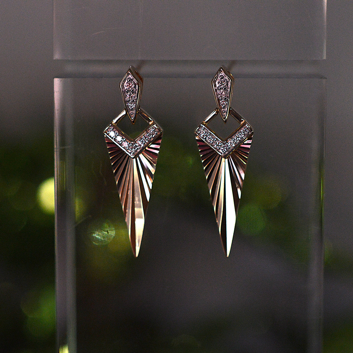 14K Yellow Gold Art Deco Style Chevron Sunburst Drop Earrings With Diamonds