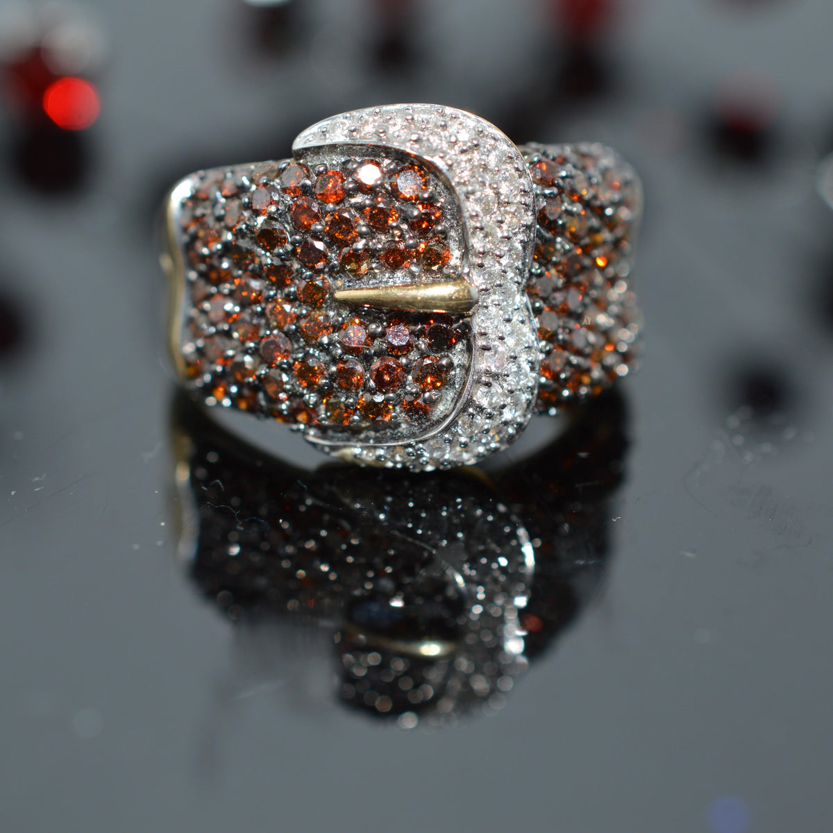 14K Two Tone Gold White & Reddish Brown Diamond Buckle Ring