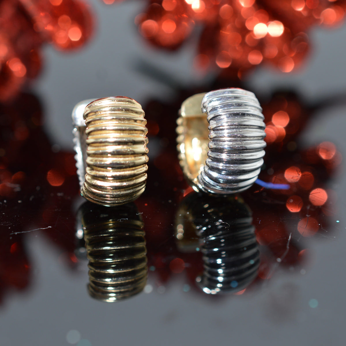 14K Two Tone Gold Reversible Ribbed Huggie Earrings