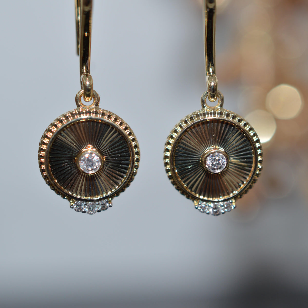 14K Yellow Gold Art Deco Style Round Sunburst Drop Earrings With Diamonds