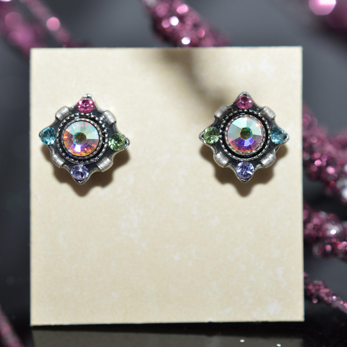 Antique Silver Plated Dulce Petite Stud Soft Multi-Color Crystal Earrings by Firefly