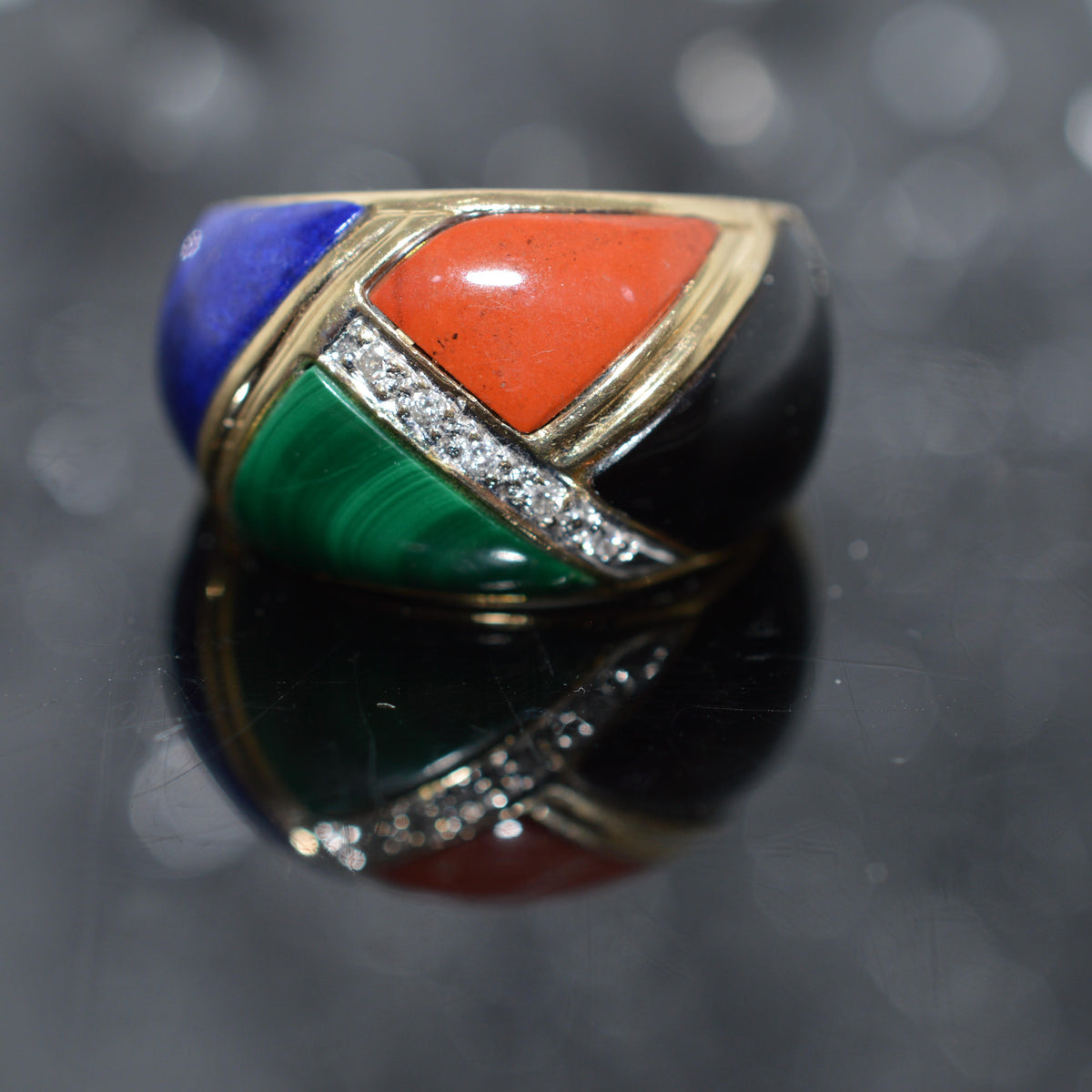 14K Yellow Gold Dome Ring Inlaid With Lapis, Malachite, Carnelian, Onyx & Diamonds