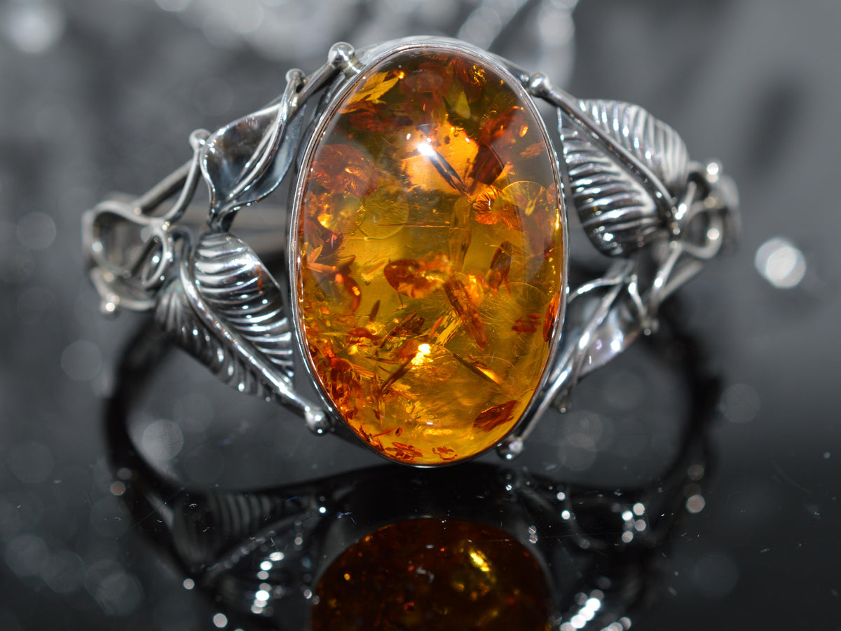 Sterling Silver Hinged Bracelet With Large Oval Baltic Amber