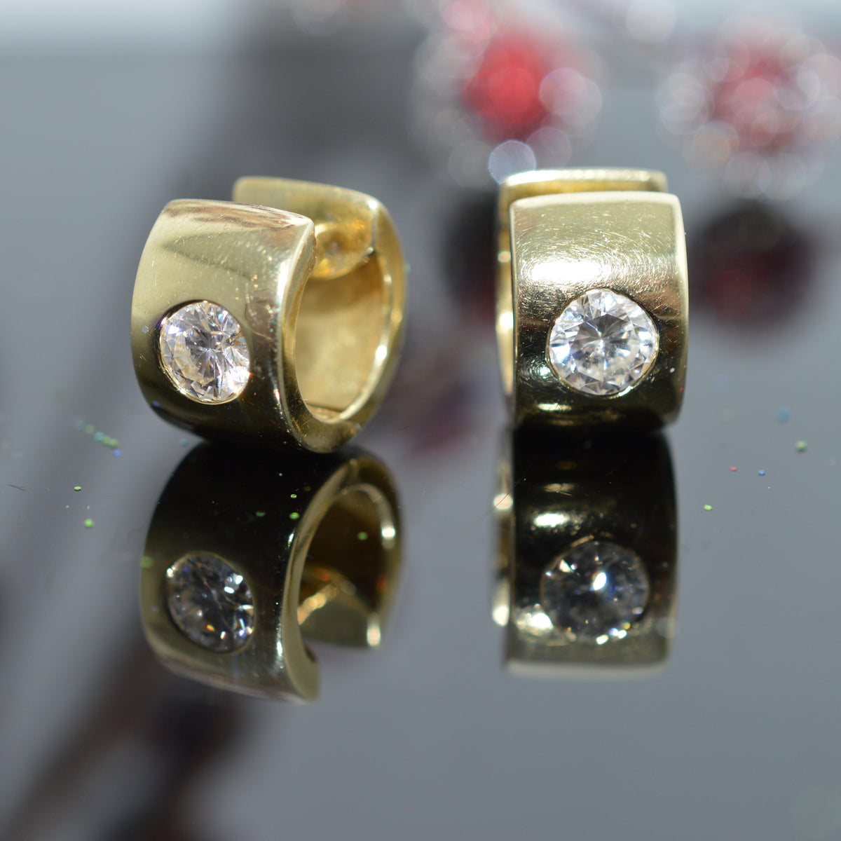 14K Yellow Gold Huggie Hoop Earrings With 2 Round Diamonds