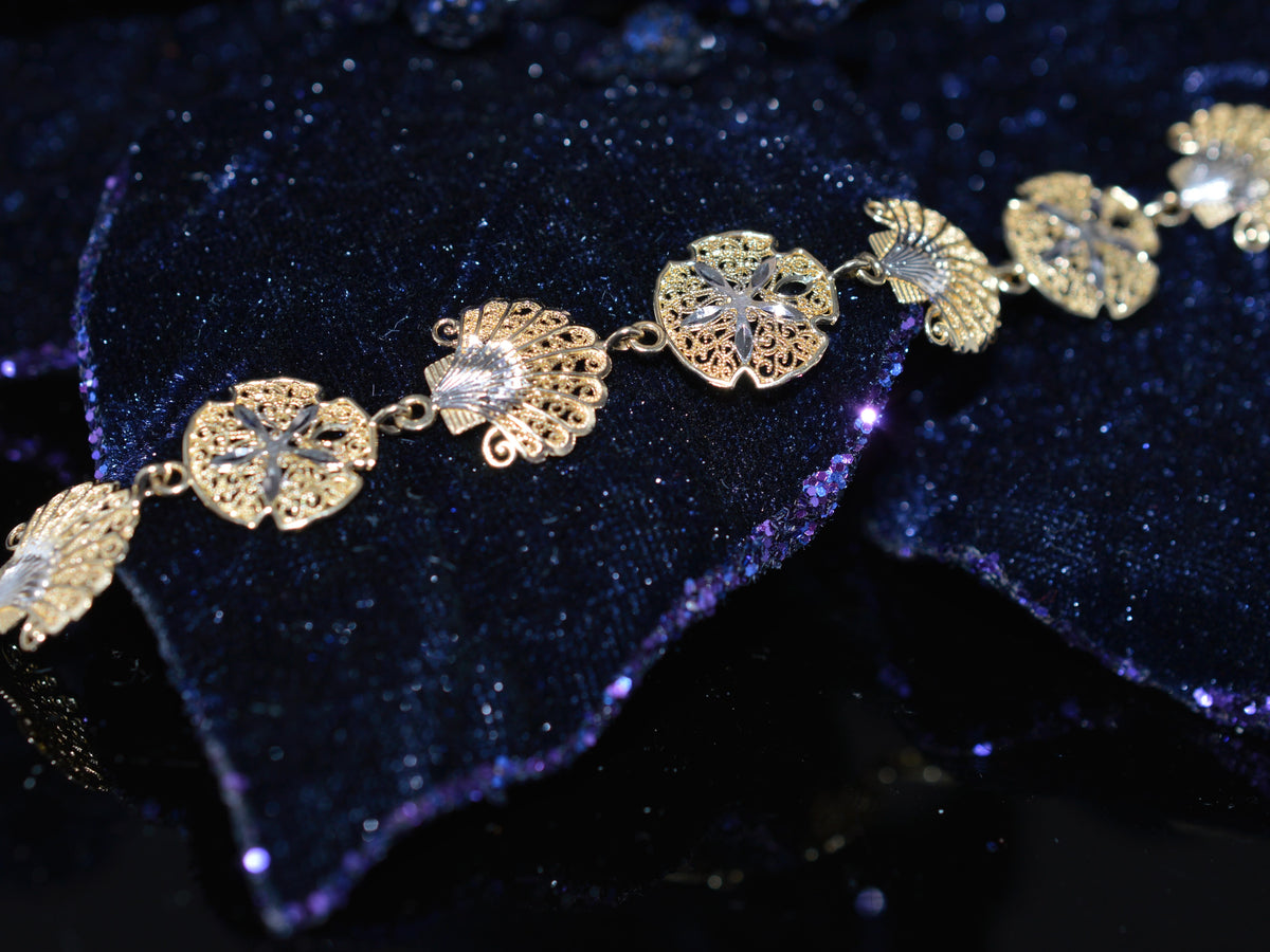 14K Two Tone Gold Filigree Shell & Sand Dollar Bracelet