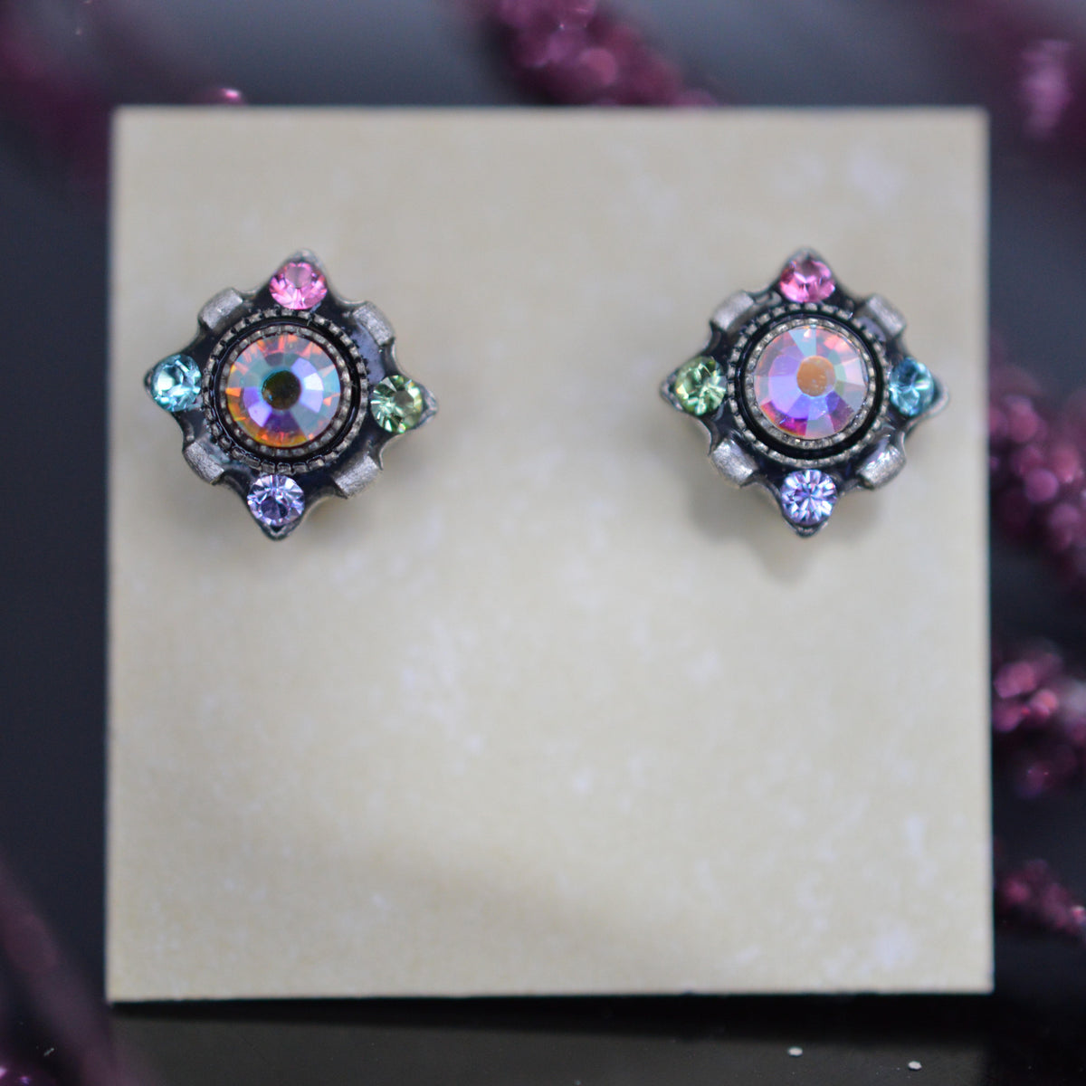 Antique Silver Plated Dulce Petite Stud Soft Multi-Color Crystal Earrings by Firefly