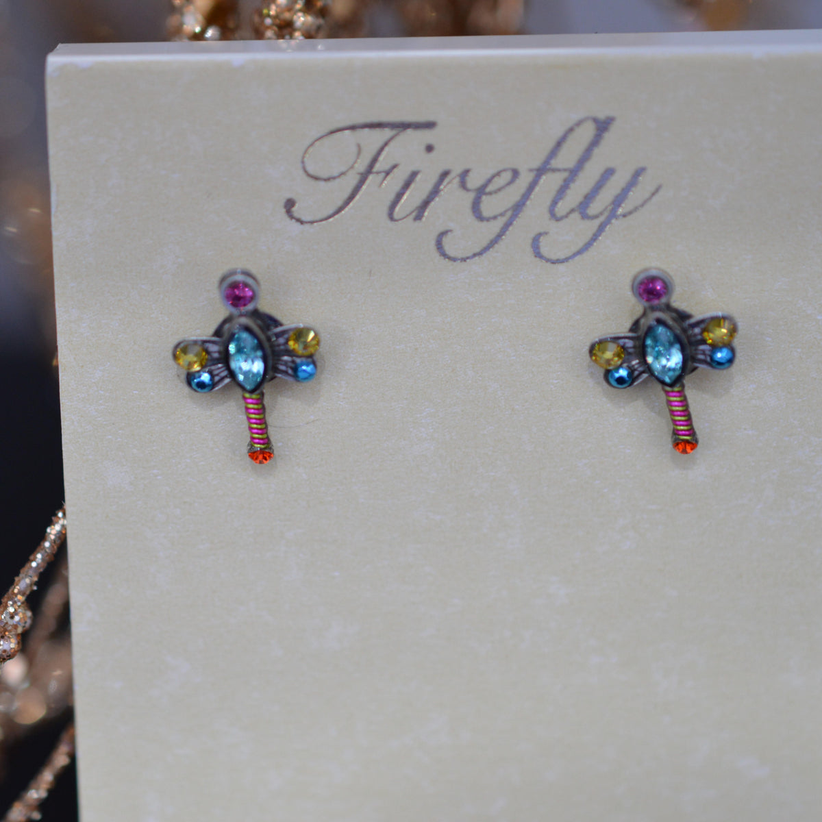 Antique Silver Plated Mini Dragonfly Stud Multi-Color Crystal Earrings by Firefly