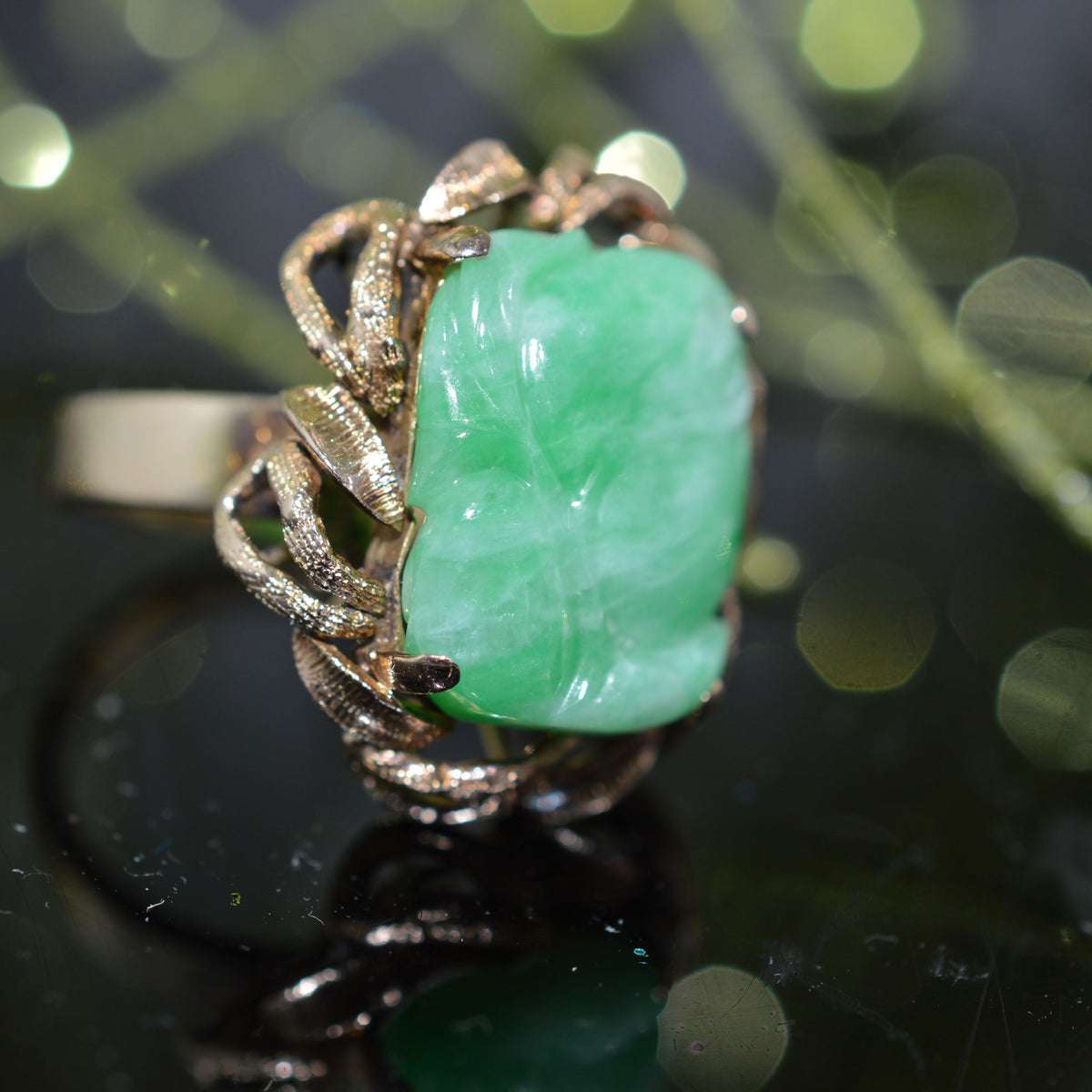 14K Yellow Gold Carved Green Jade Ring With Gold Border
