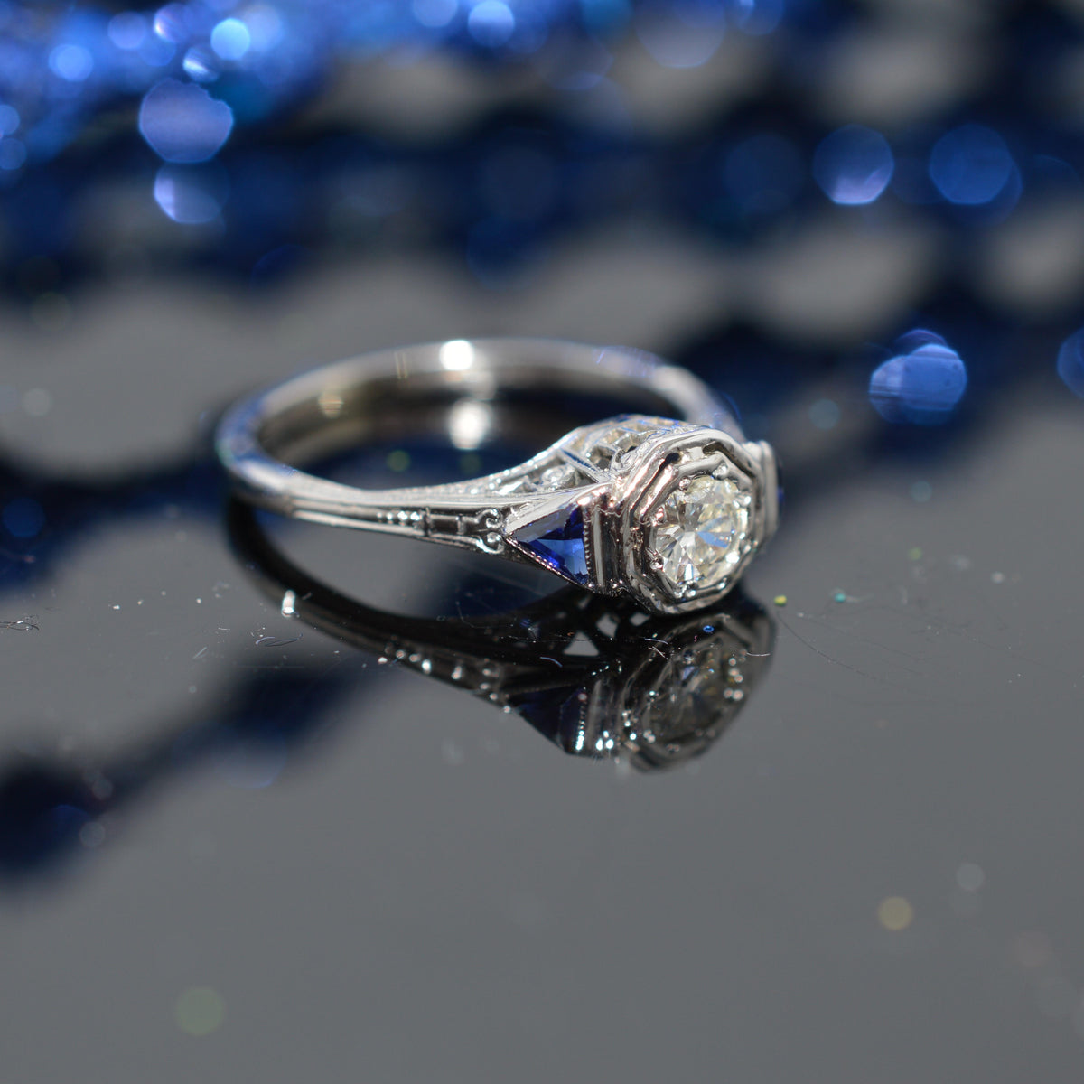 14K White Gold Art Deco Diamond Engagement Ring With Trillion Sapphires