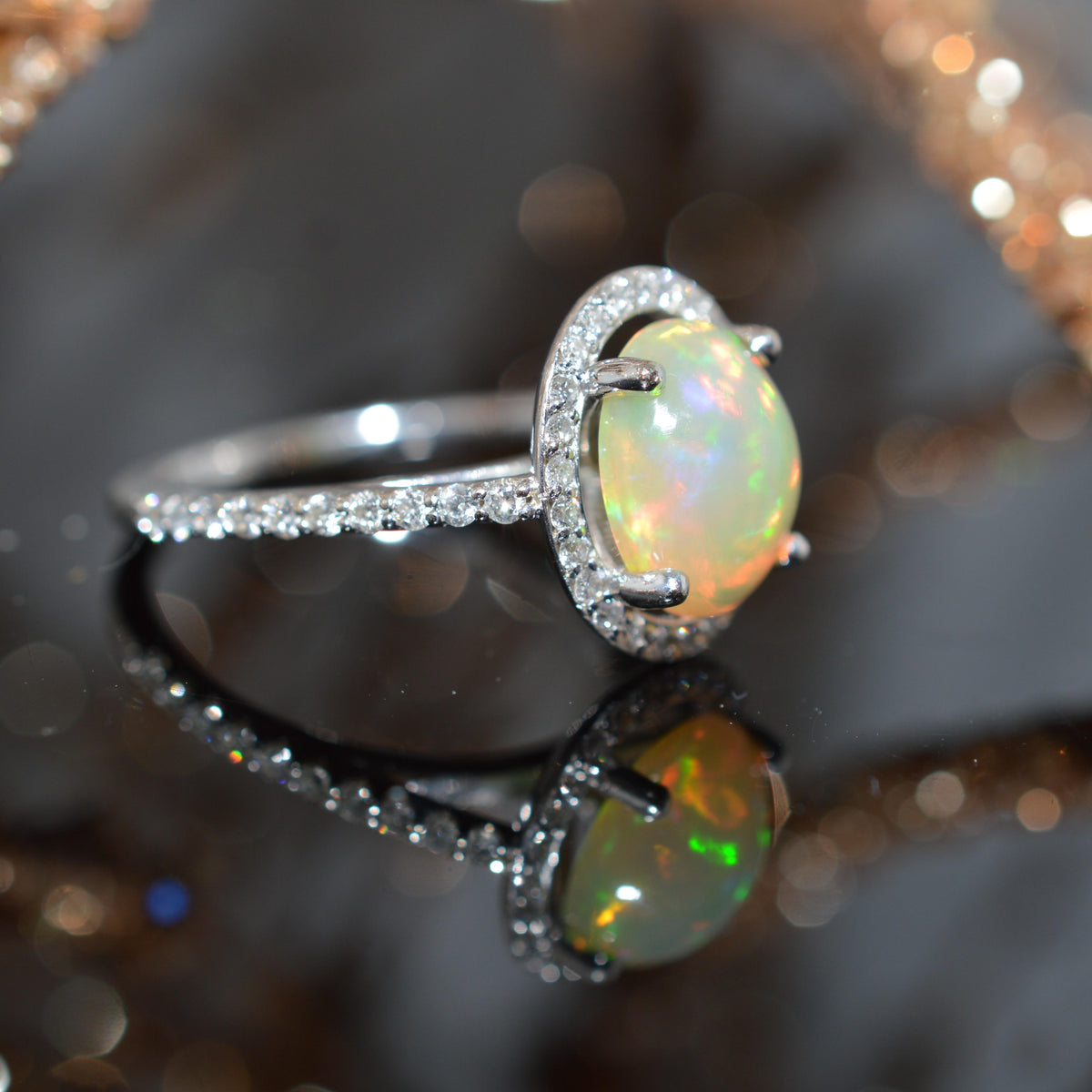 14K White Gold Oval Ethiopian Opal & Diamond Ring