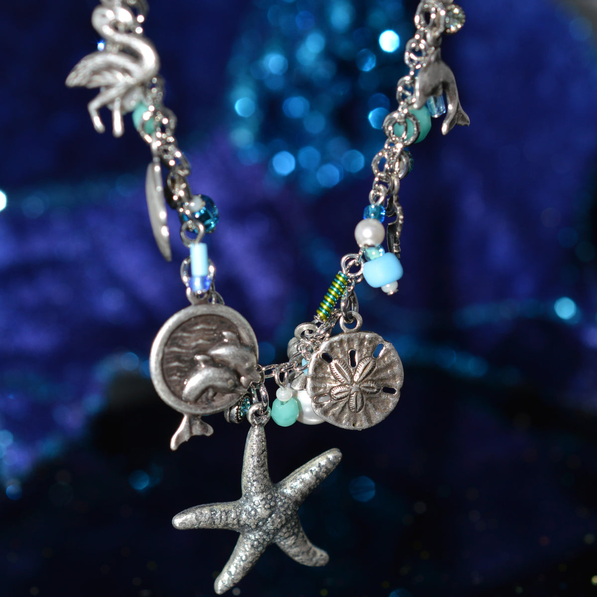 Antique Silver Plated Light Blue Crystal Ocean Necklace by Firefly