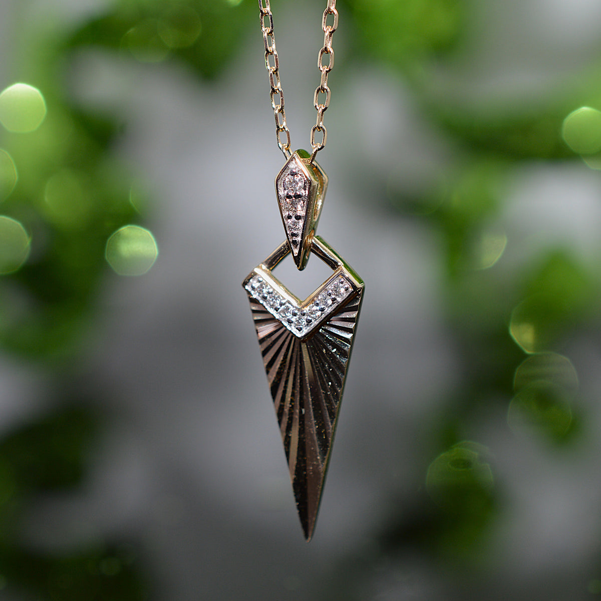 14K Yellow Gold Art Deco Inspired Chevron Sunburst Diamond Necklace