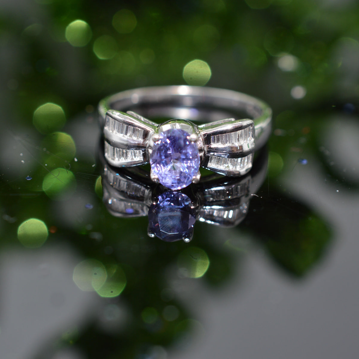 18K White Gold Oval Purple Sapphire & Diamond Baguette Ring