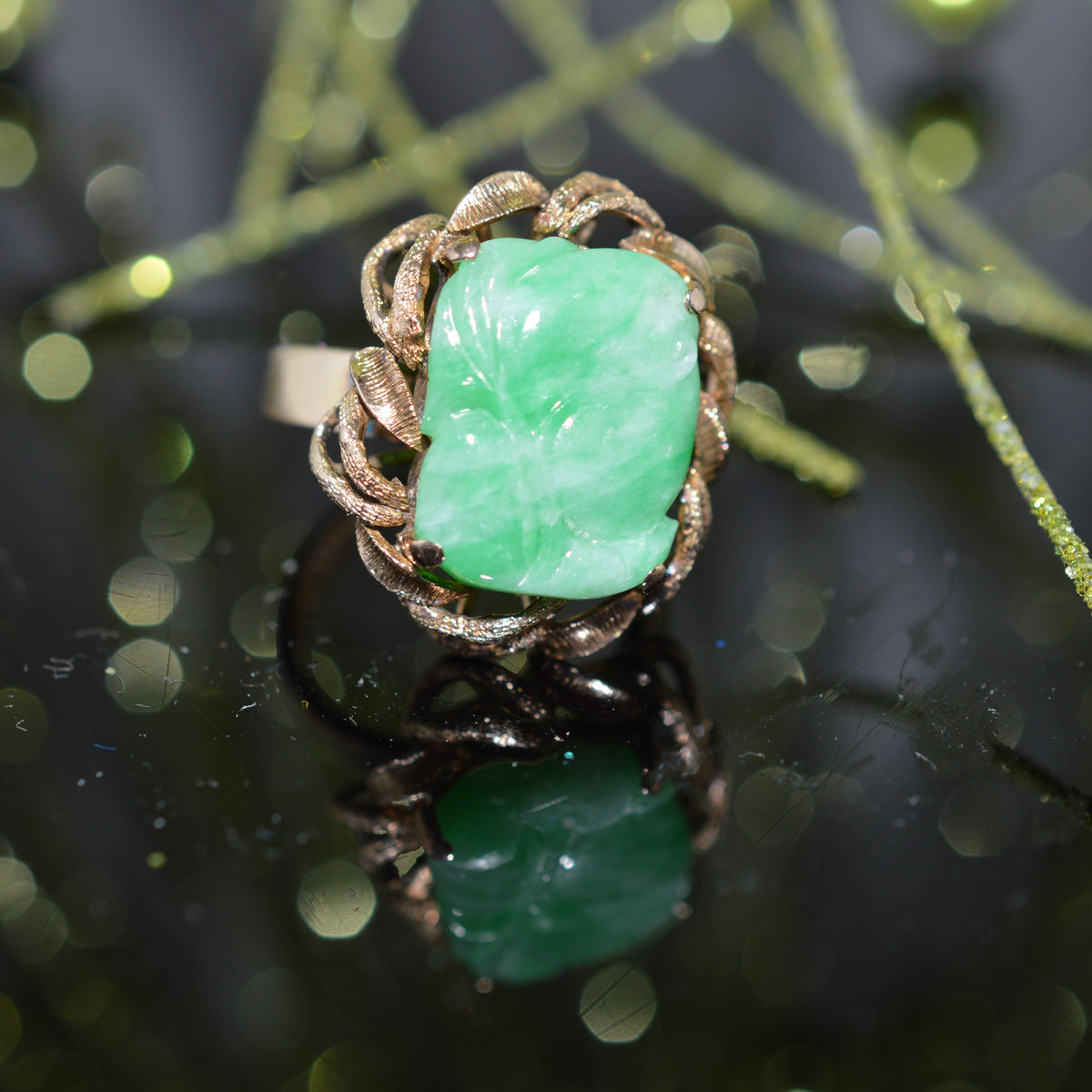 14K Yellow Gold Carved Green Jade Ring With Gold Border