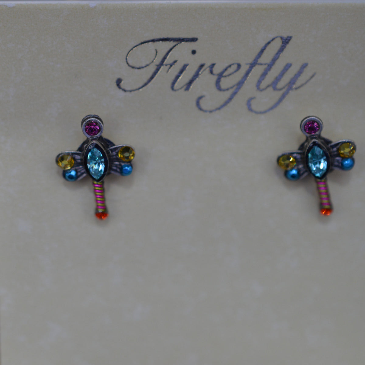 Antique Silver Plated Mini Dragonfly Stud Multi-Color Crystal Earrings by Firefly