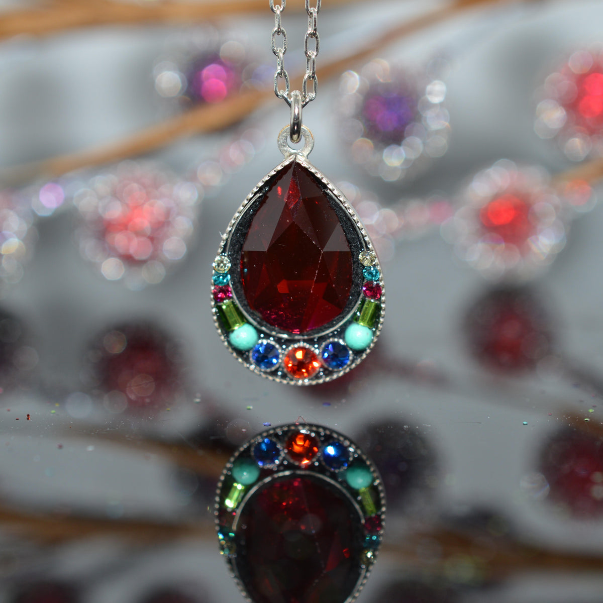 Antique Silver Plated Elizabeth Drop Multi-Color Crystal Pendant by Firefly