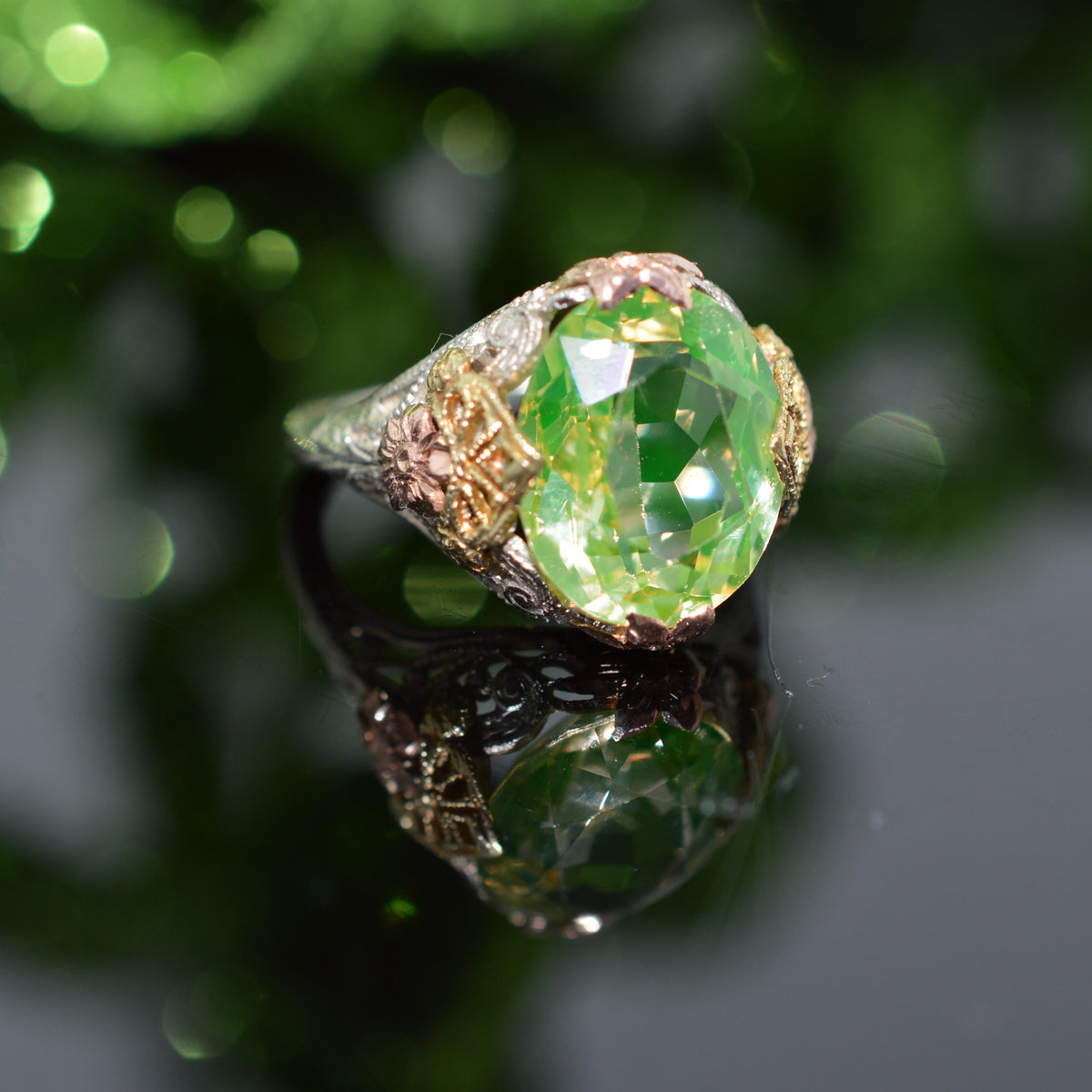 14K Tri-Color Gold Antique Filigree Synthetic Spinel Ring