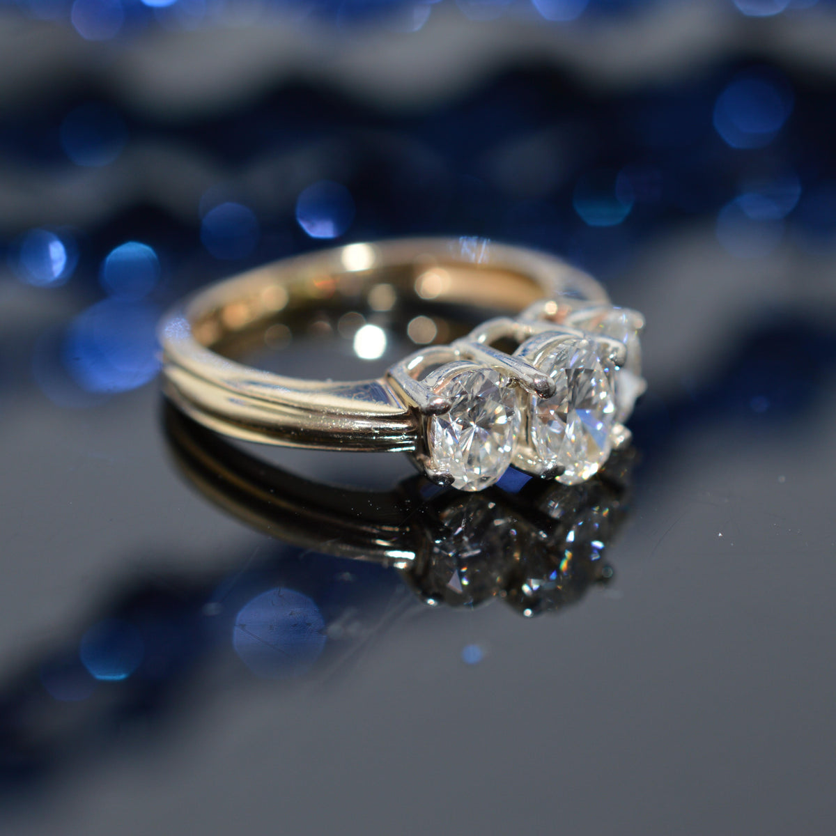 14K Two Tone Gold Past, Present, Future Diamond Ring With 3 Oval Diamonds