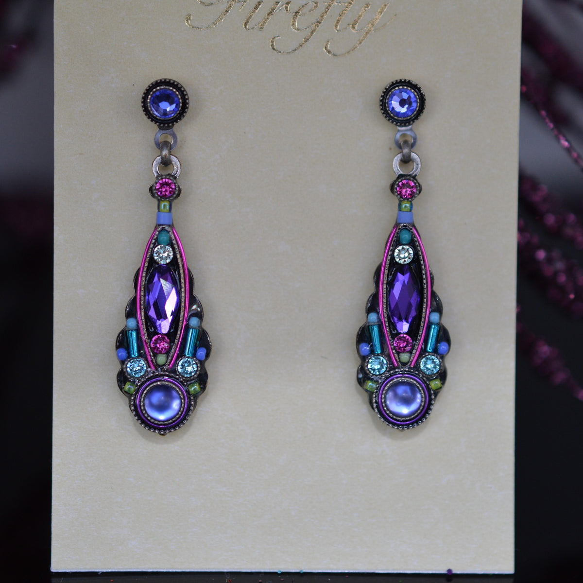 Antique Silver Plate Slim Navette Drop Earrings With Tanzanite Color Crystals By Firefly