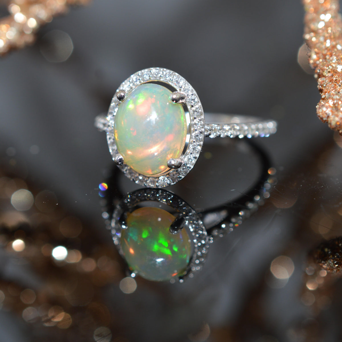 14K White Gold Oval Ethiopian Opal & Diamond Ring
