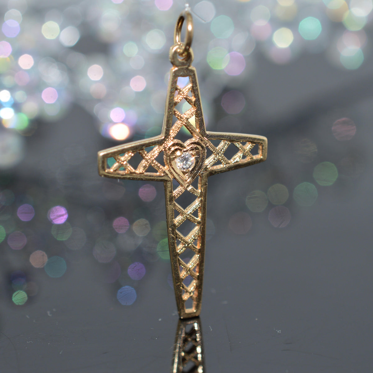 14K Yellow Gold Open Work Cross With Diamond