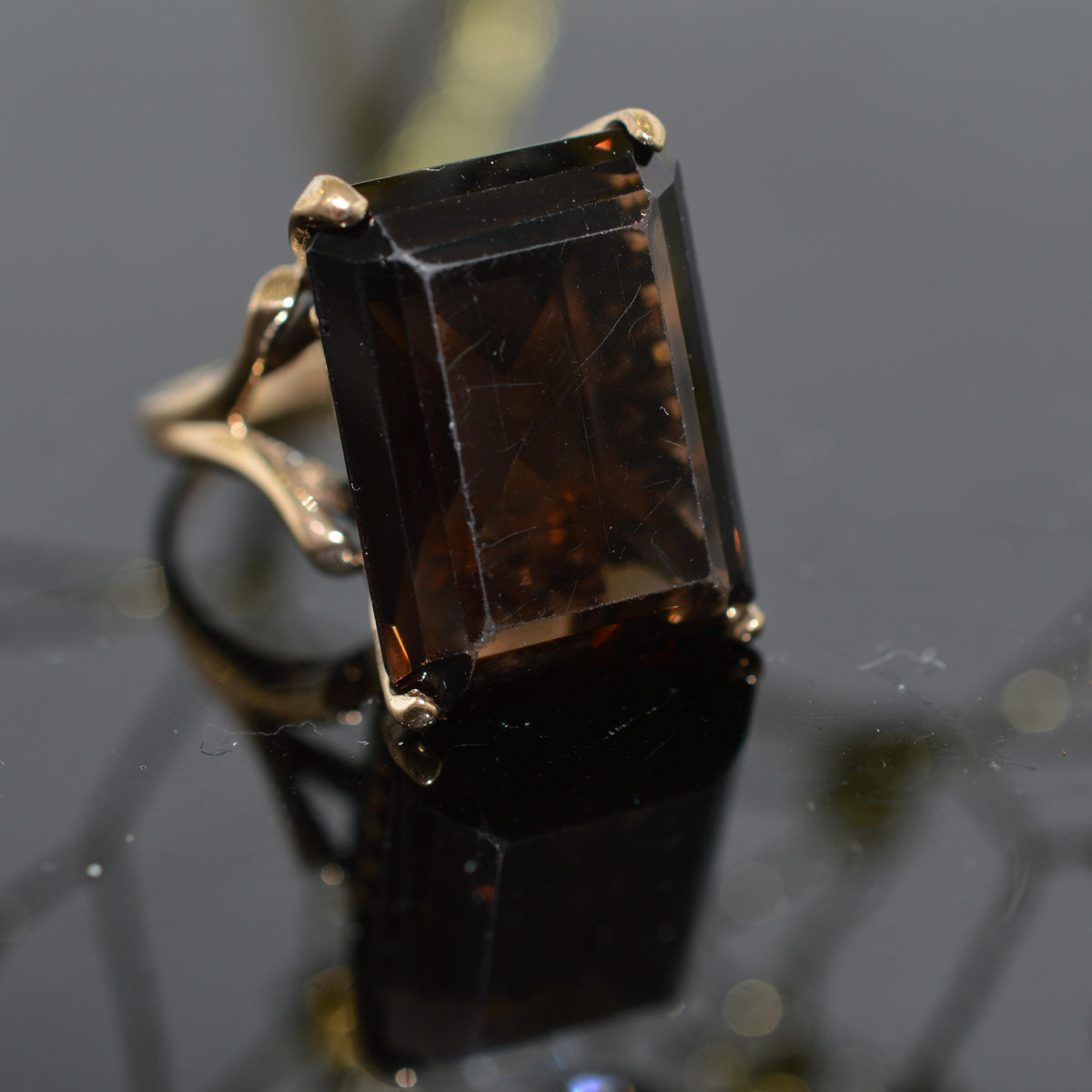 Large 10K Yellow Gold Emerald Cut Smoky Quartz Ring