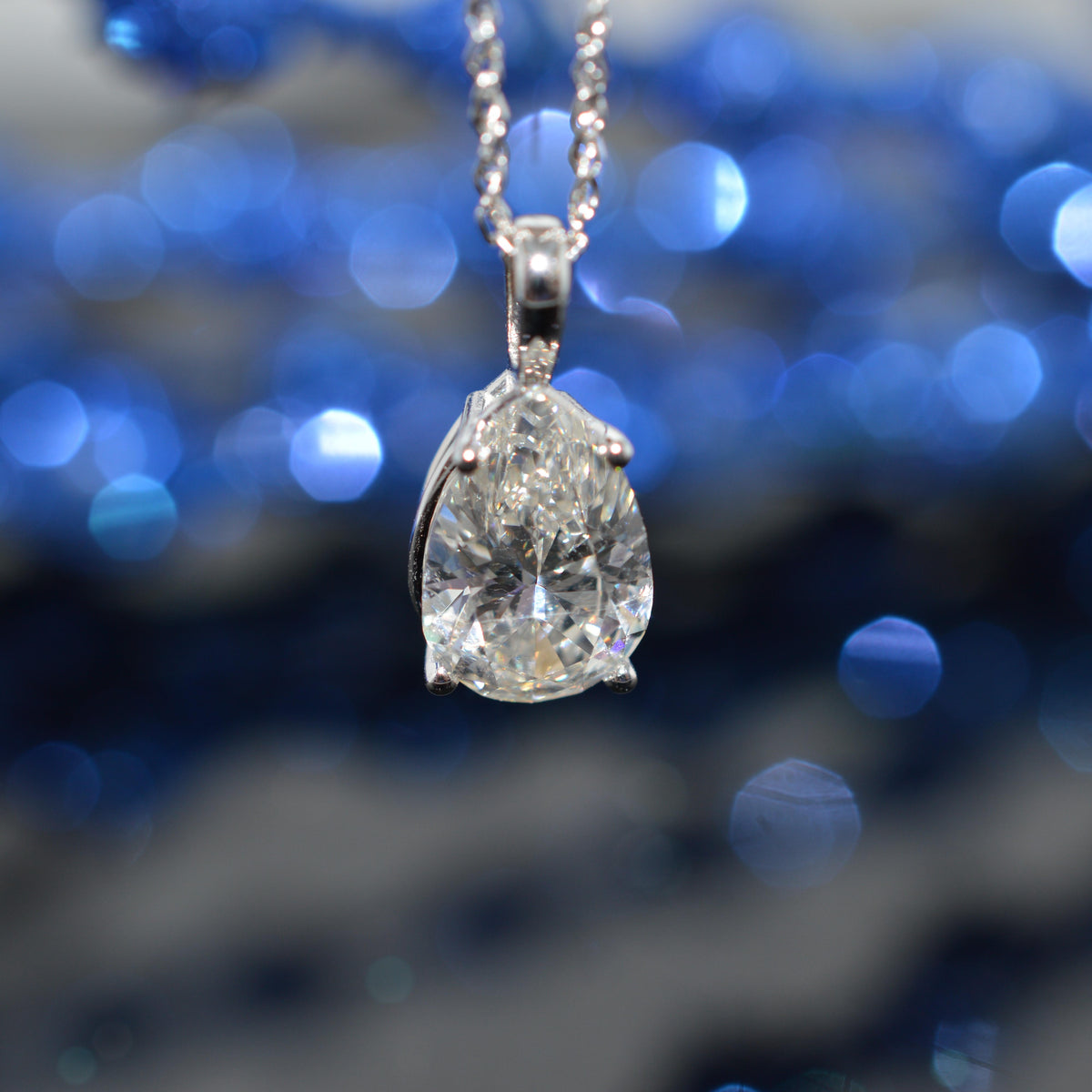 14K White Gold Chain With 1.96 Carat Pear Cut Diamond (GIA) Pendant