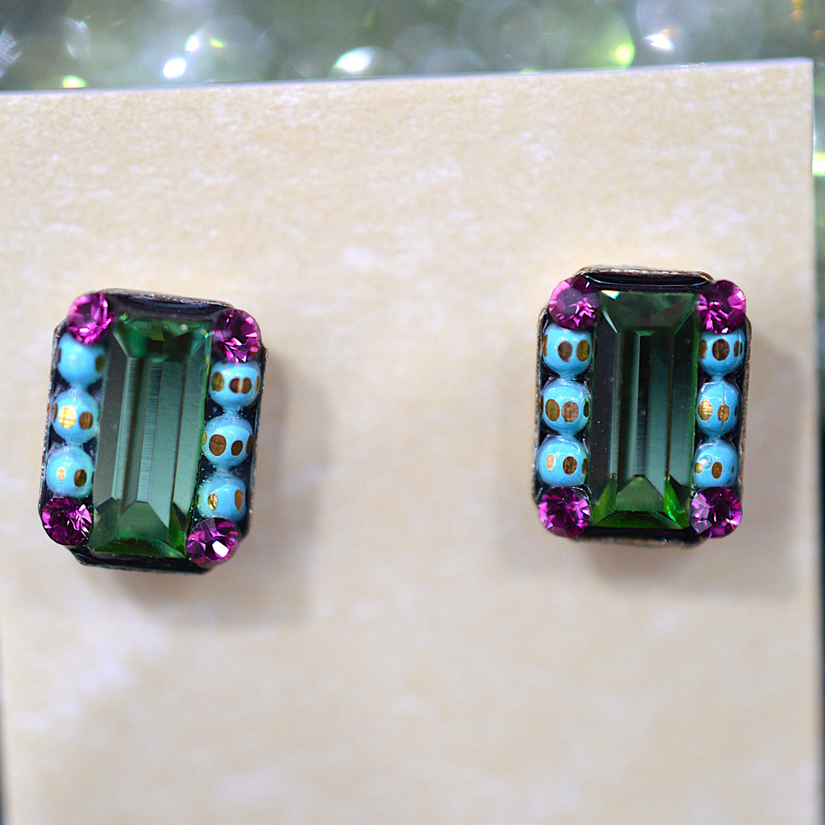 Antique Silver Plated Green Rectangular Stud Earrings With Multi-Color Crystals by Firefly