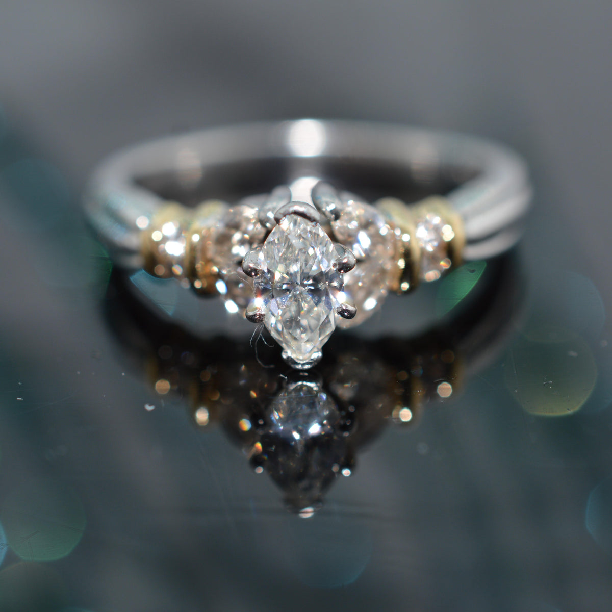 Platinum & 18K Yellow Gold Marquise Diamond Engagement Ring