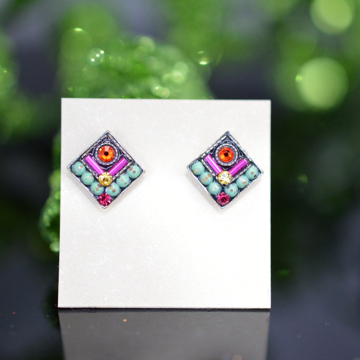 Antique Silver Plated Square Chevron Multi-Color Crystal Earrings by Firefly