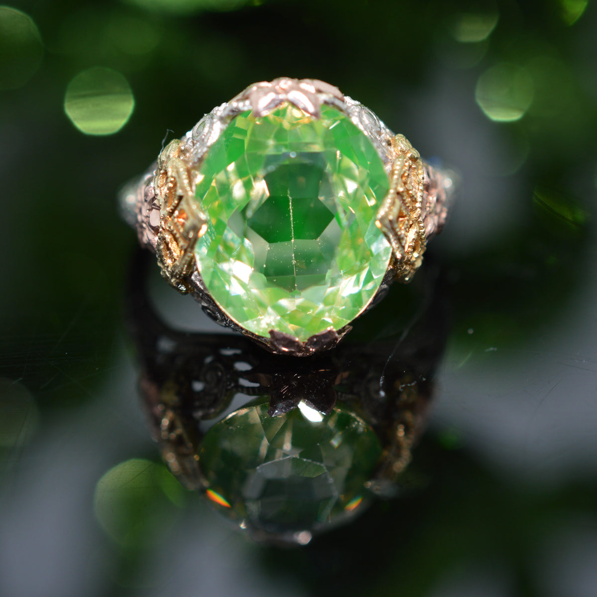 14K Tri-Color Gold Antique Filigree Synthetic Spinel Ring