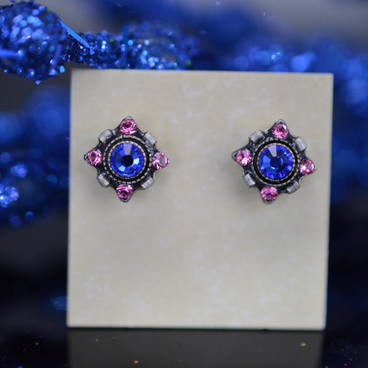 Antique Silver Plated Square Dulce Petite Sapphire Crystal Earrings by Firefly