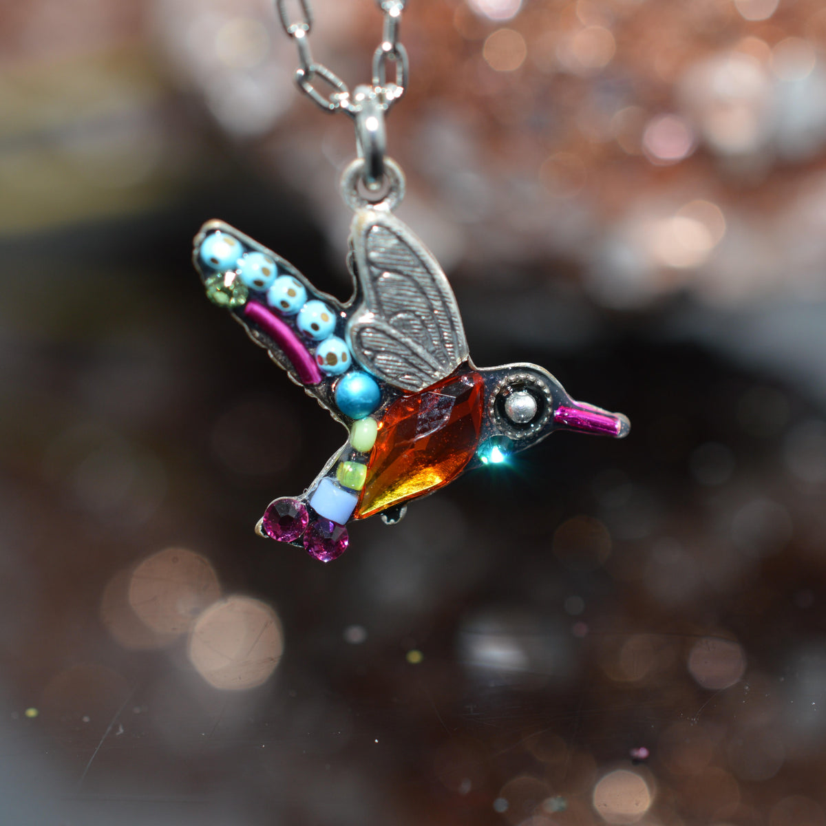 Antique Silver Plated Multi-Color Crystal Hummingbird Pendant by Firefly