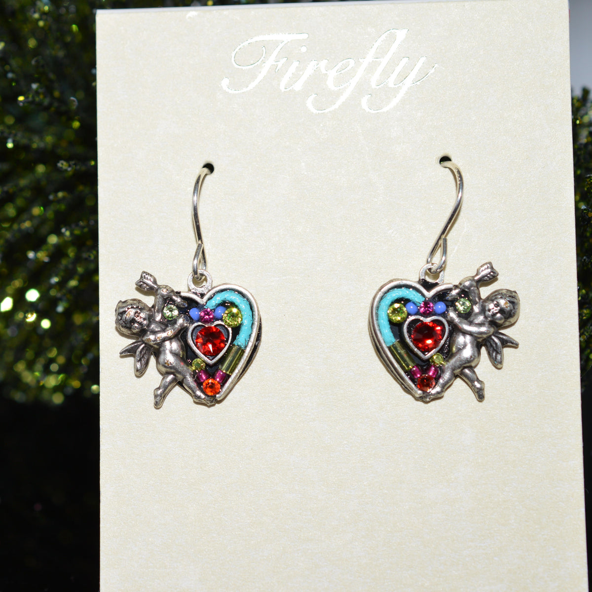 Antique Silver Plated  Multi-Color Crystal Cupid And Heart Earrings by Firefly