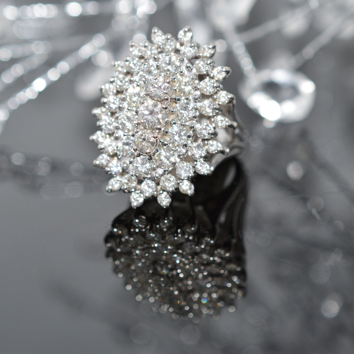 Spectacular 14K White Gold Oval Shape Diamond Cluster Ring