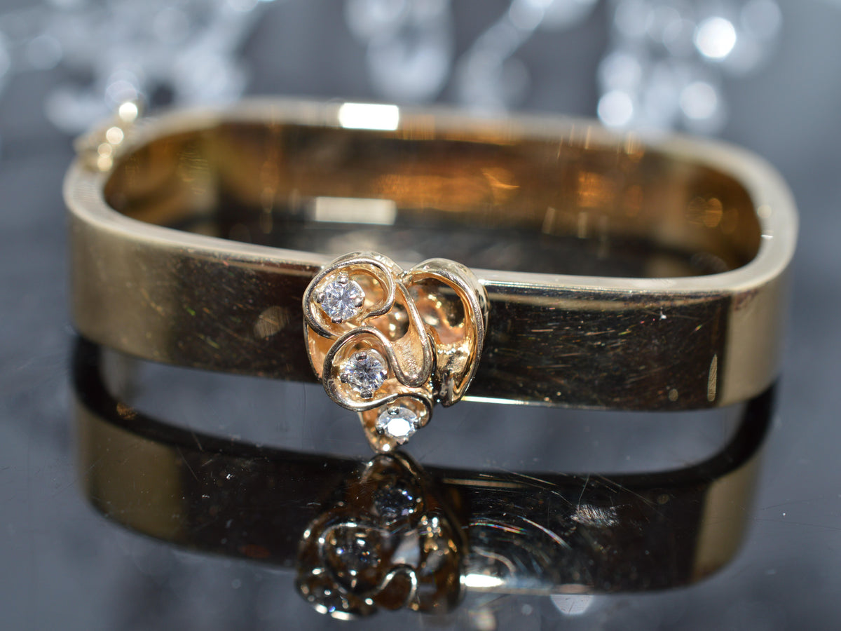 14K Yellow Gold Squarish Bangle Bracelet With 3 Round Diamonds