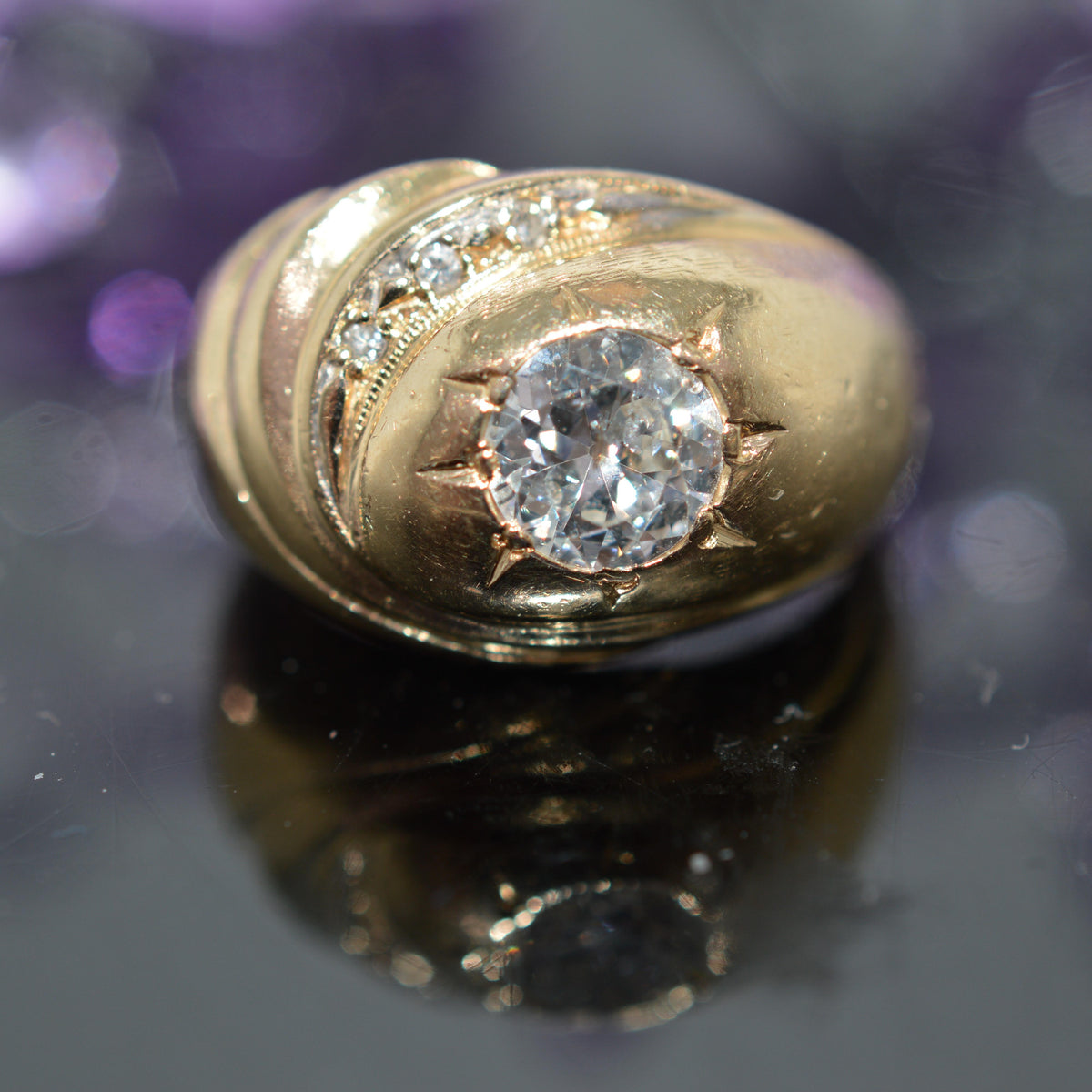 14K Yellow Gold Diamond Dome Ring With A Large Old European Cut Diamond