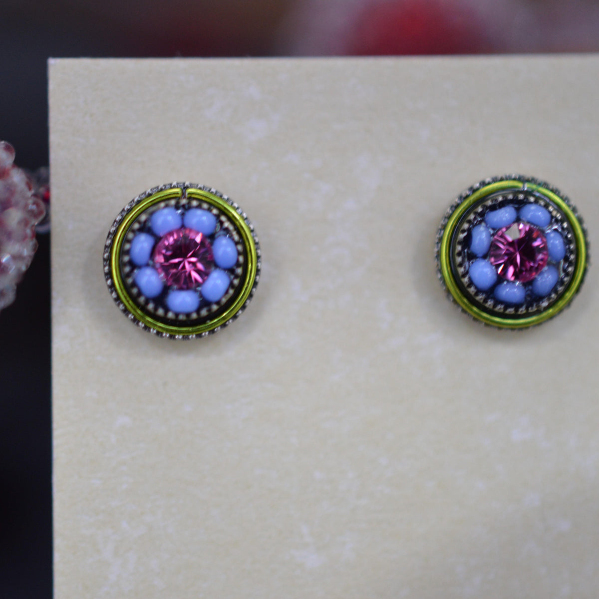 Antique Silver Plated Flower Stud With Periwinkle Crystal Earrings by Firefly