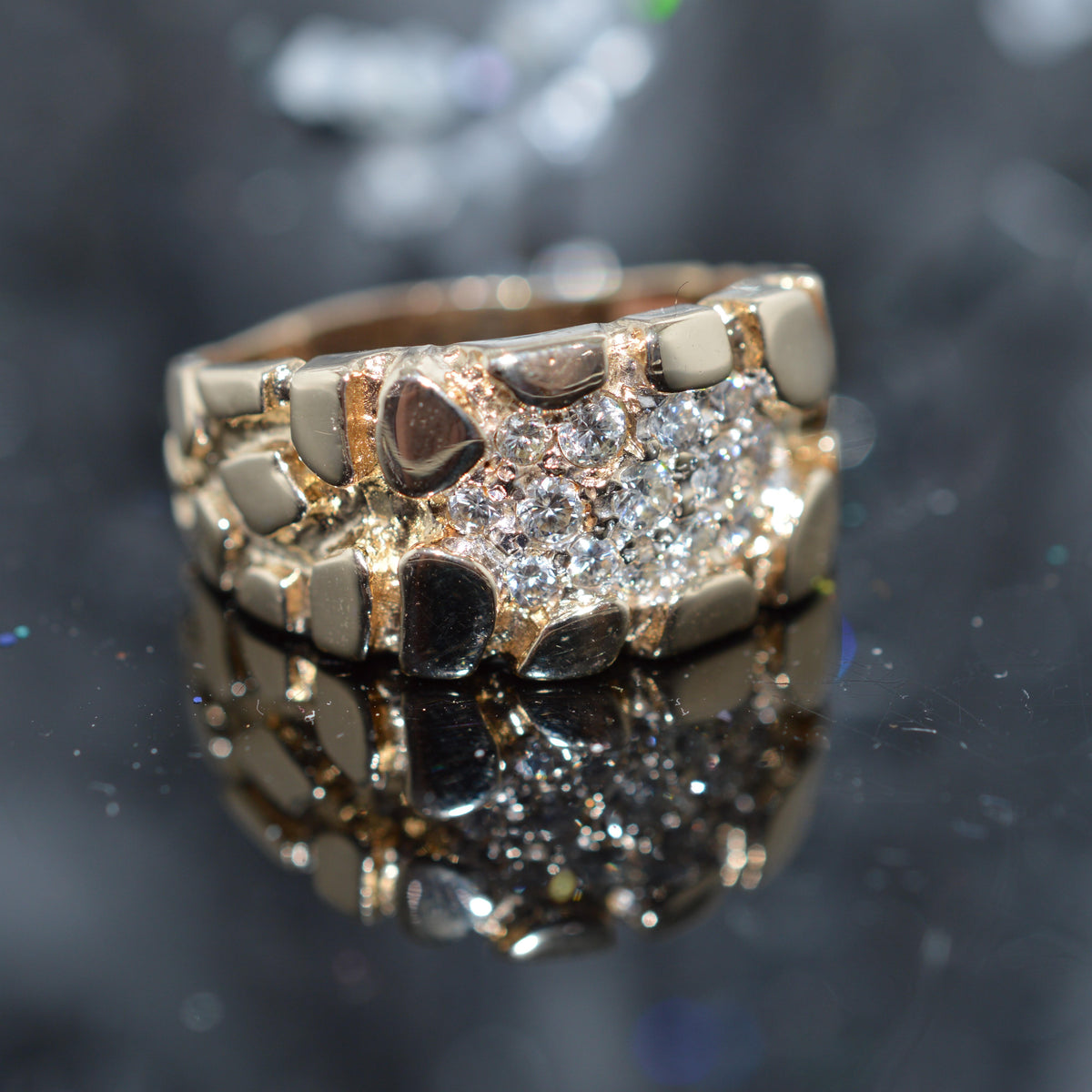 14K Yellow Gold Gents Diamond Cluster Nugget Ring