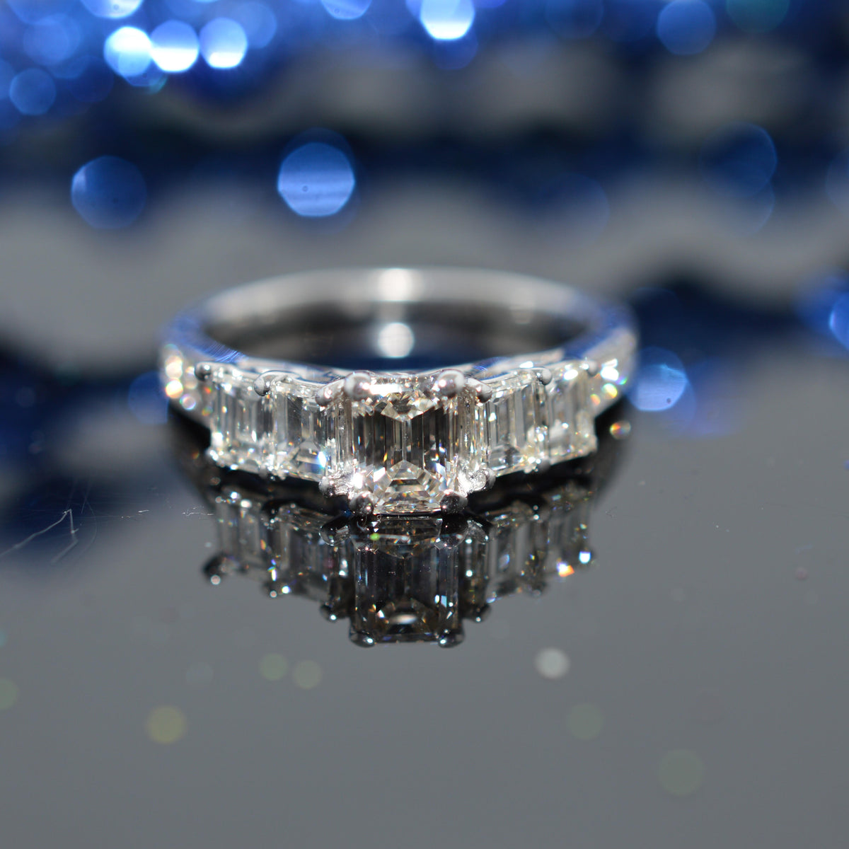 14K White Gold 2 Carat Baguette & Emerald Cut Diamond Anniversary Ring