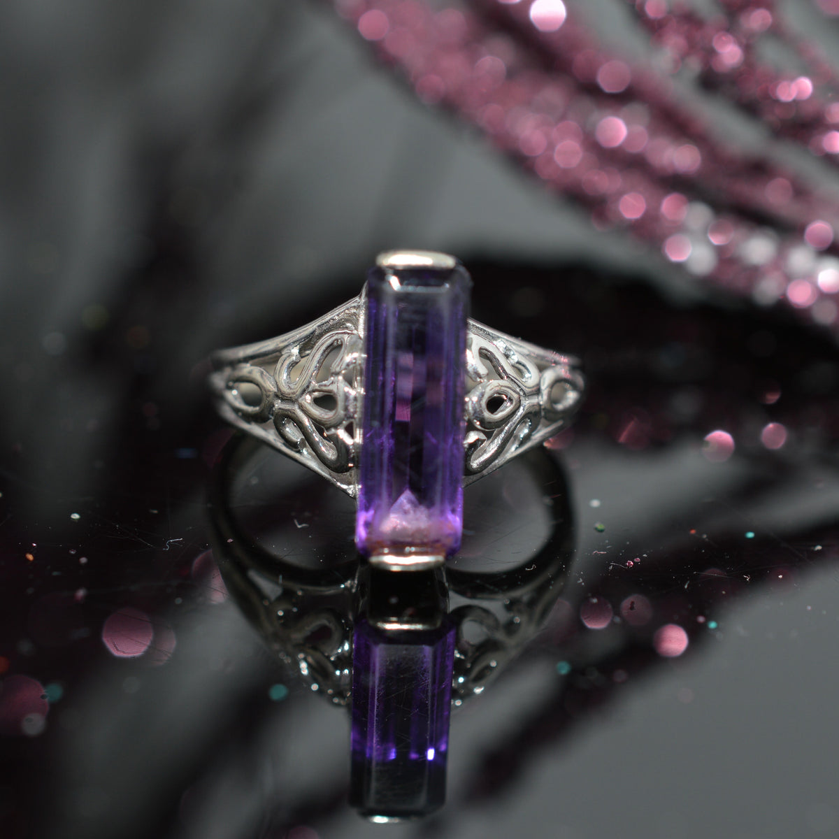 14K White Gold Ring With Long Baguette Cut Amethyst