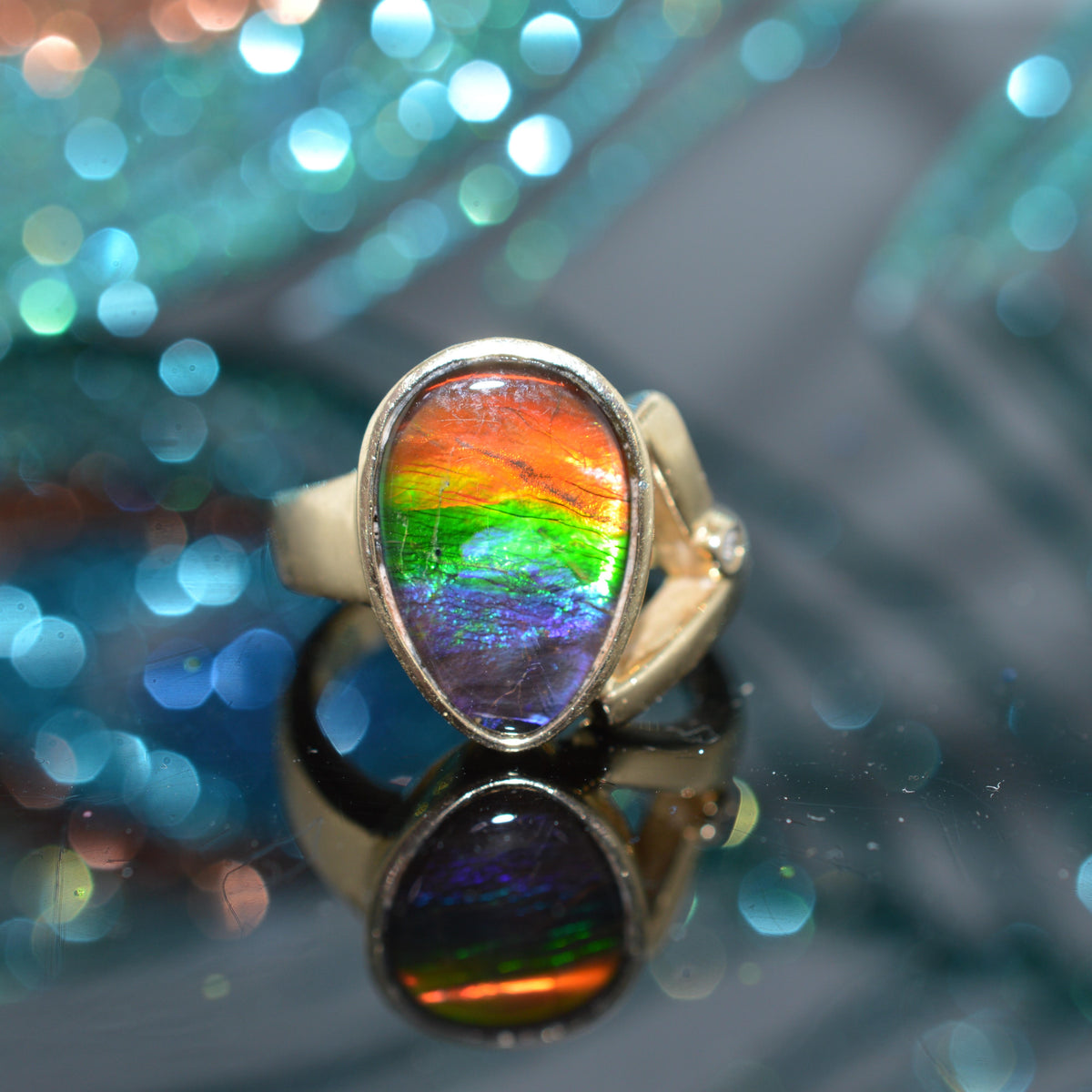 14K Yellow Gold Fossil Ammolite & Diamond Ring