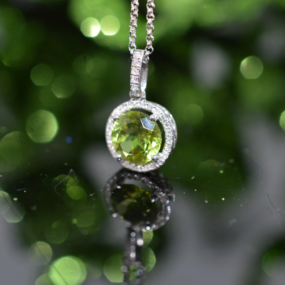 14K White Gold Round Peridot With Diamond Halo Necklace