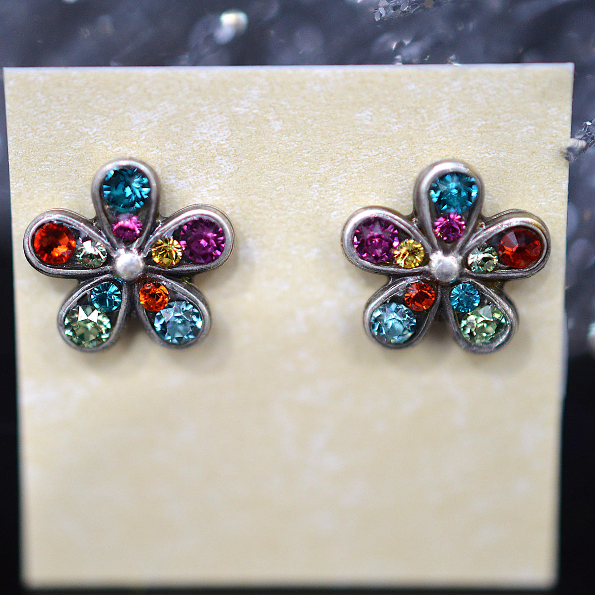 Antique Silver Plated Petite Fleur Stud Earrings With Multi-Color Crystals by Firefly