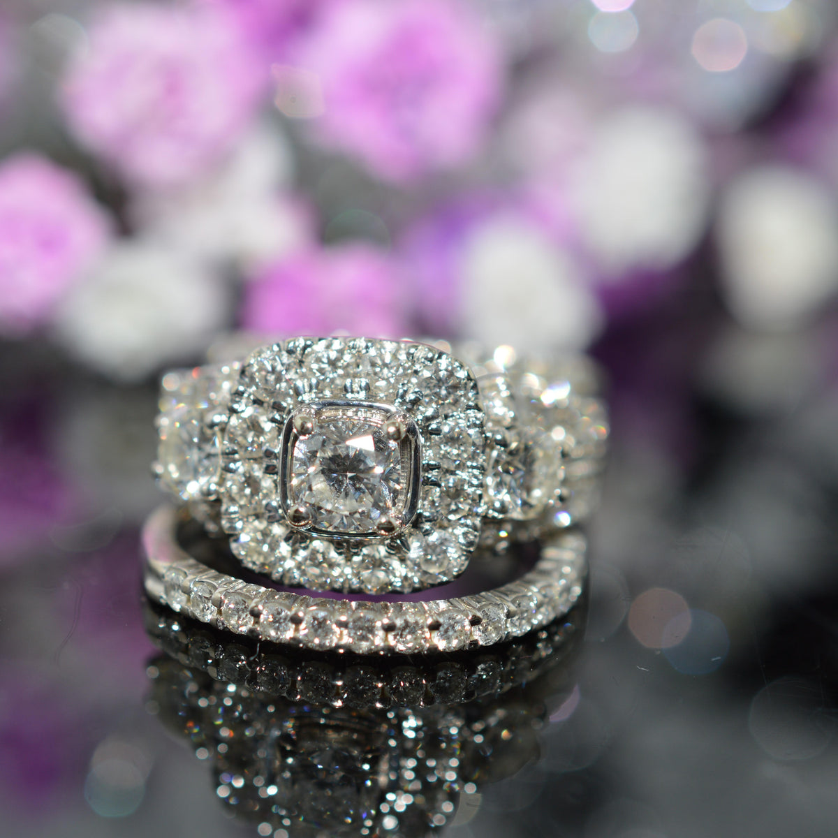 14K White Gold Cushion Cut Diamond Engagement Ring With 2 Diamond Bands