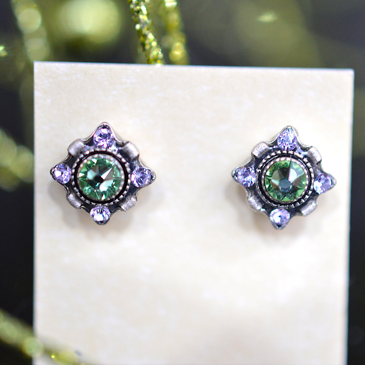 Antique Silver Plated Dulce Petite Stud Earrings With Chrisolite Color Crystals by Firefly