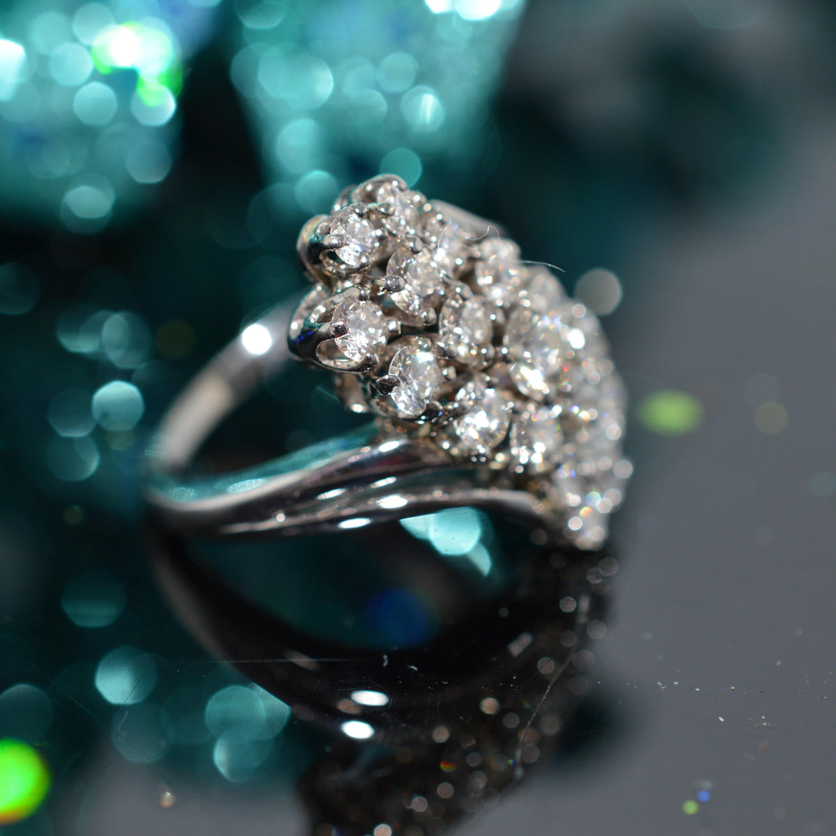 14K White Gold Flat Waterfall Diamond Cluster Ring