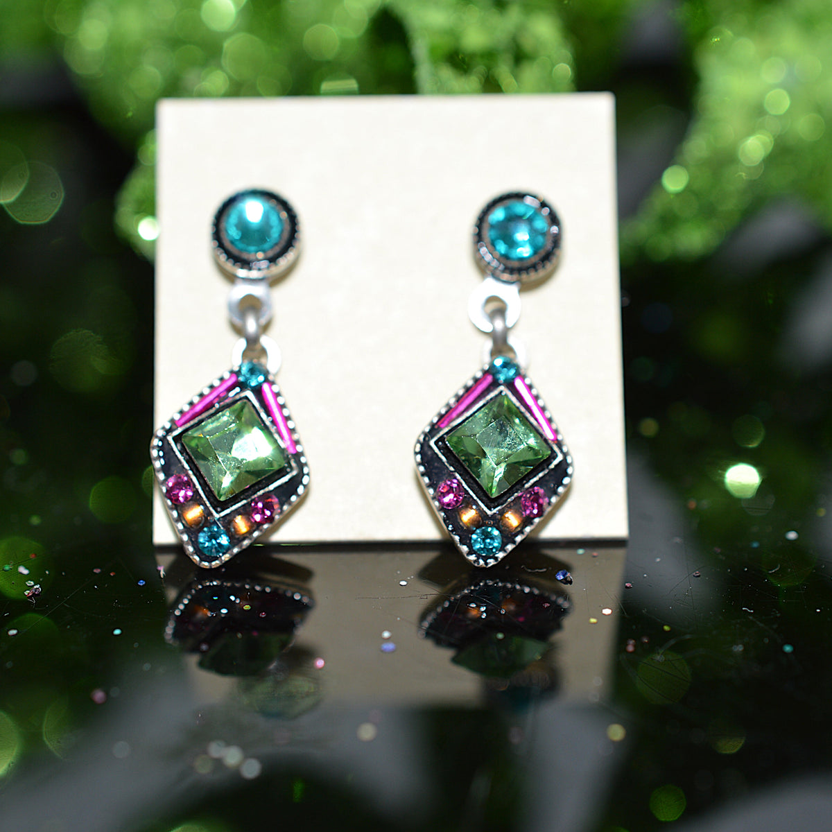 Antique Silver Plated Architectural Dangle Stud Earrings With Multi-Color Crystals by Firefly